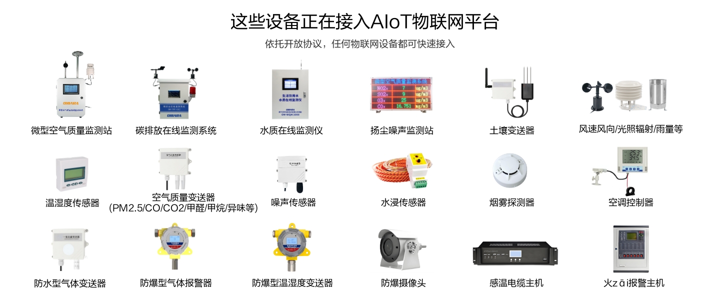 微型空氣站、水質監(jiān)測儀、揚塵噪聲監(jiān)測站、溫濕度傳感器、水浸傳感器、氣體變送器等環(huán)境設備正在接入物聯(lián)網平臺