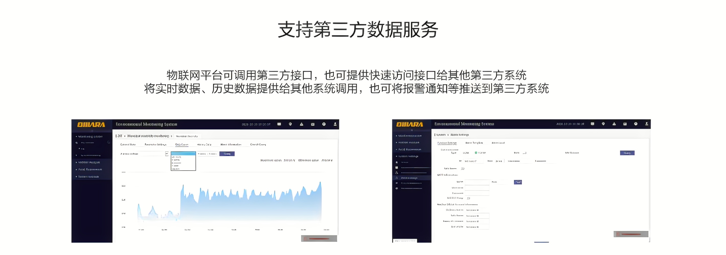 物聯(lián)網平臺可調用第三方接口，也可提供快速訪問接口給其他第三方系統(tǒng)，將實時數(shù)據(jù)、歷史數(shù)據(jù)提供給其他系統(tǒng)調用，也可將報警通知等推送到第三方系統(tǒng)