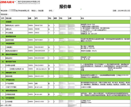 弱電機(jī)房監(jiān)控設(shè)備配置清單